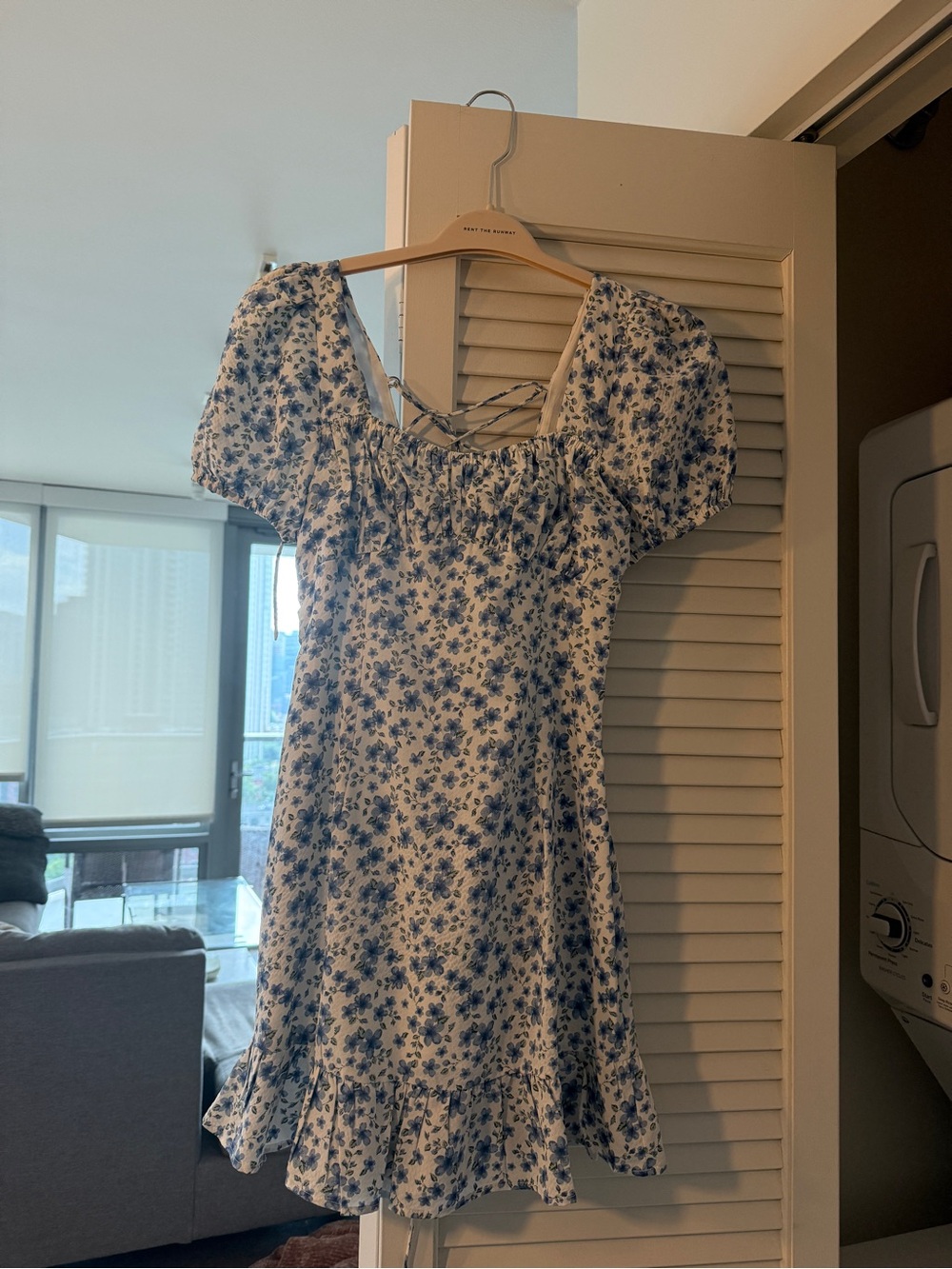 Lulu's Blue & White Floral Puff Sleeve Mini Dress